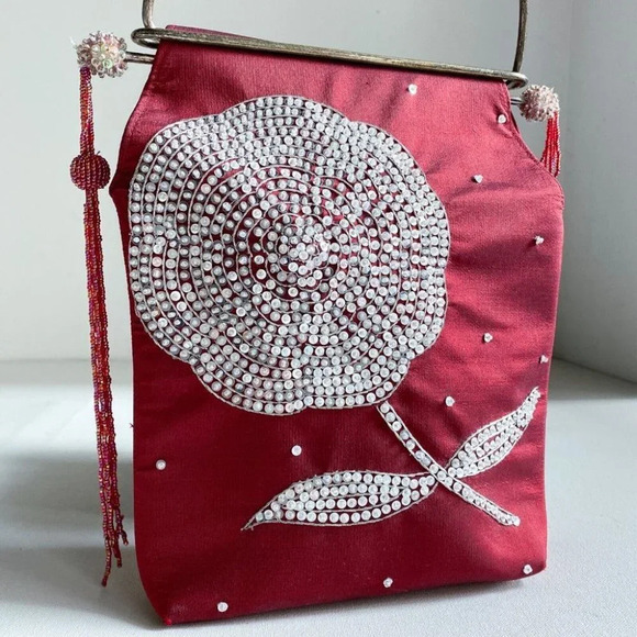 Vintage Red Silk Floral Motif  Beaded Unique Top Handle Bag - Picture 2 of 10